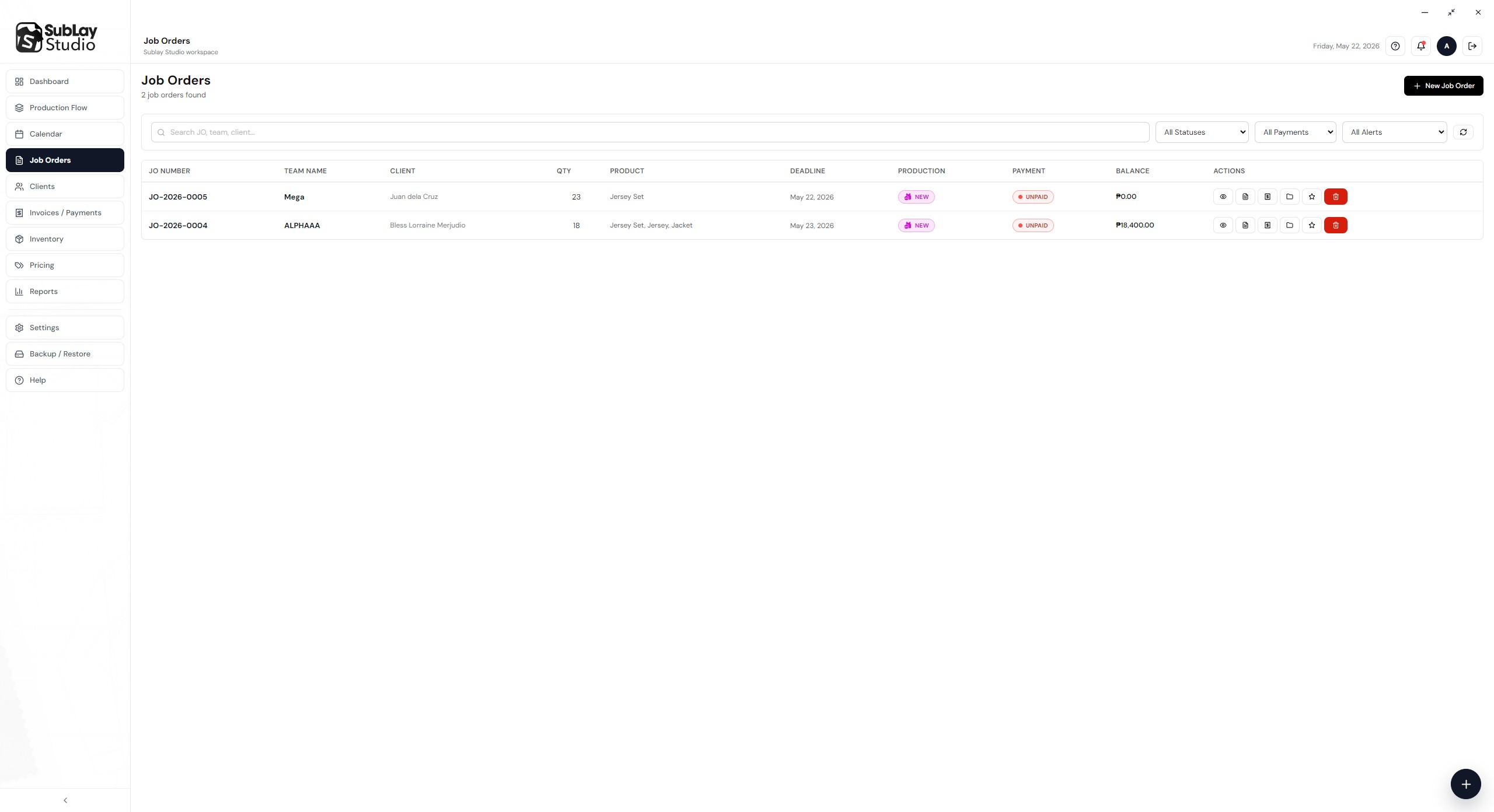 Job Orders screen